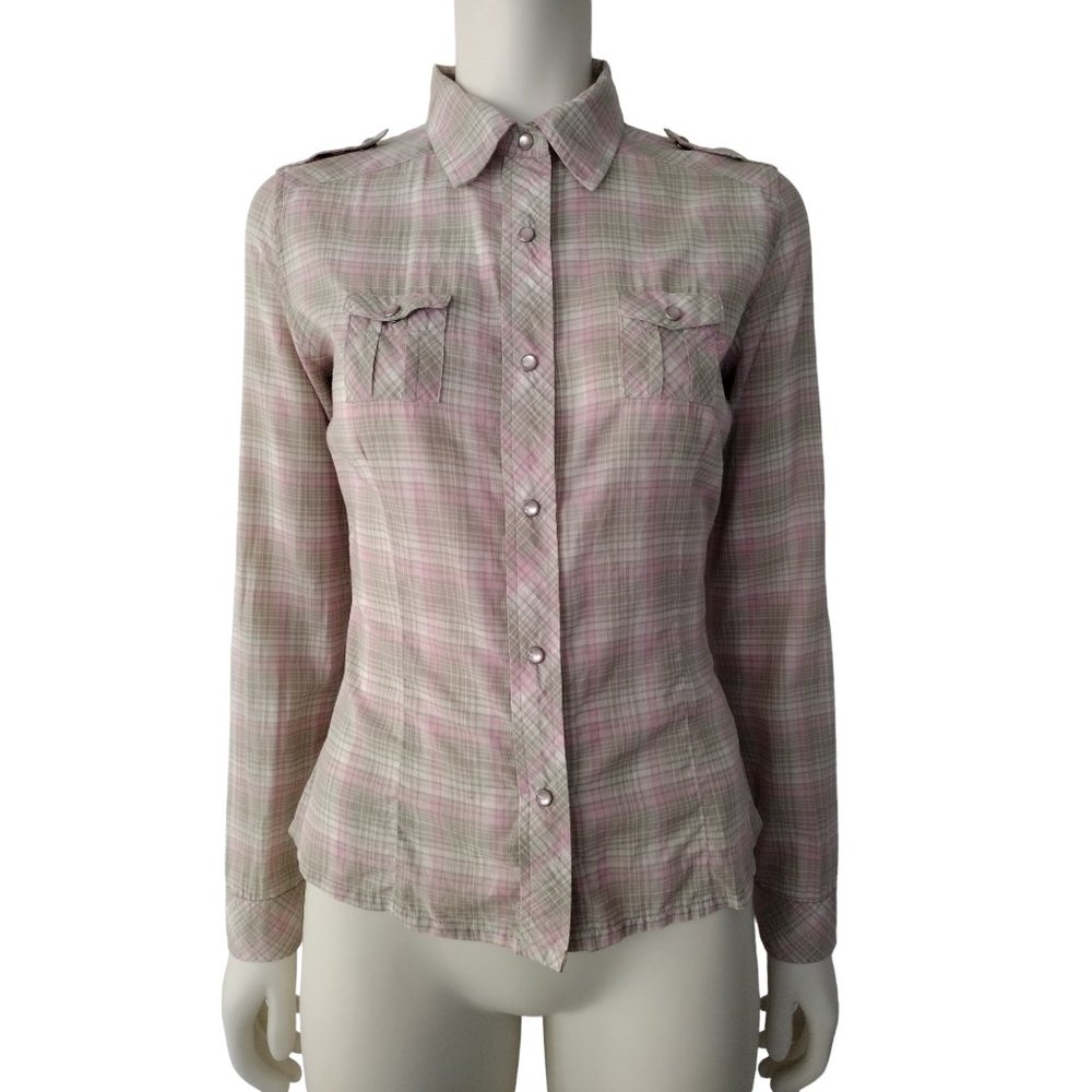 Vintage Y2K Pink Tan Plaid Cotton Snap Button Down Western Shirt